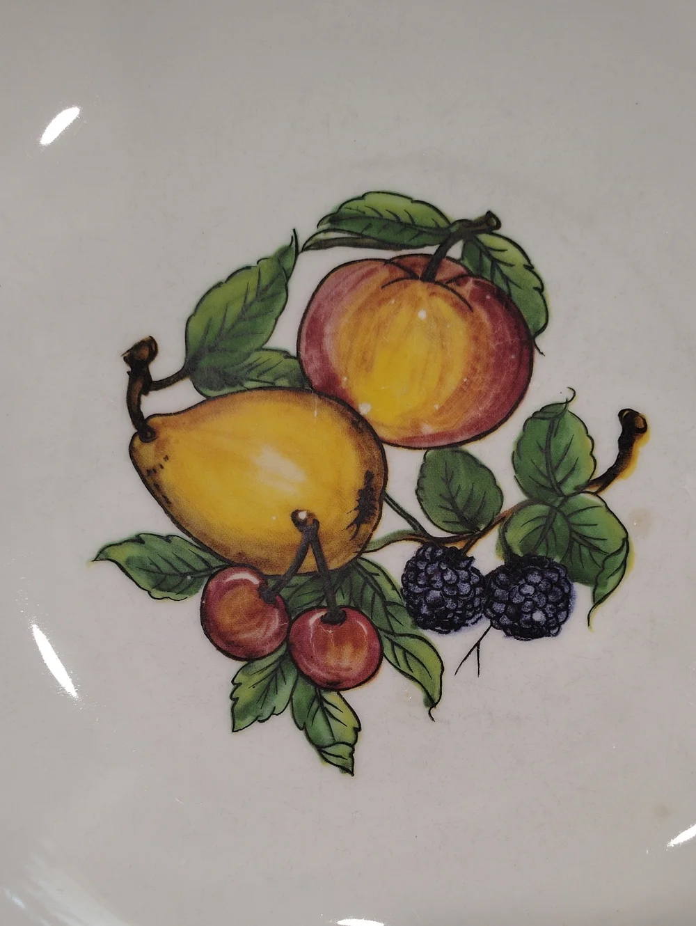 Crate&Barrel Large Italian White Ceramic Bowl with Blue Rim and Fruit Motif